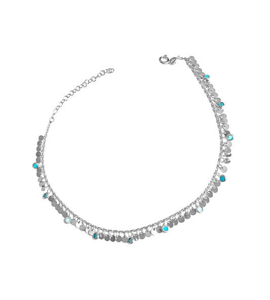 Dangling Turquoise Stone Sequin Silver Anklet