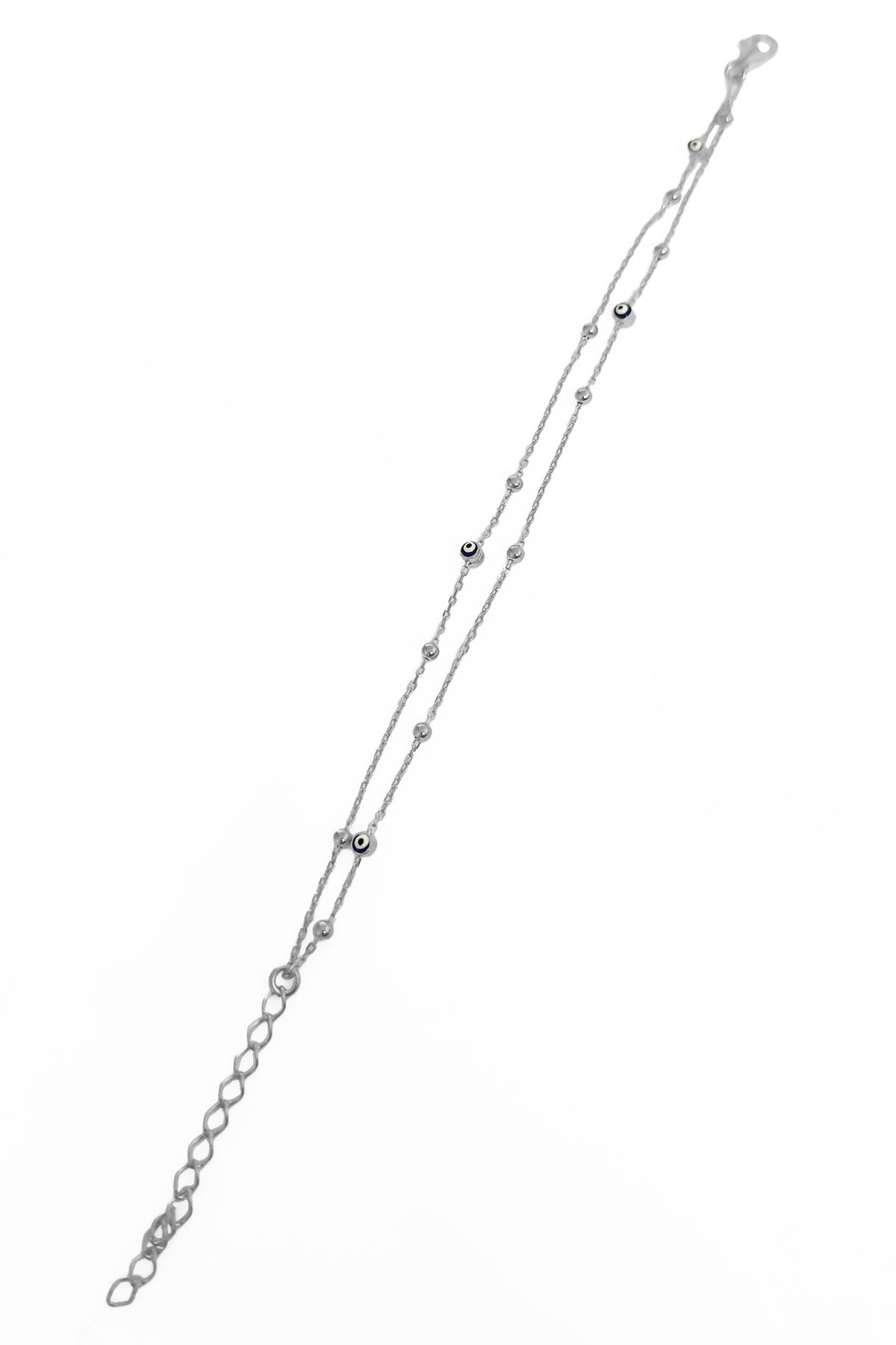 Double Row Evil Eye Beads Silver Chain Bracelet