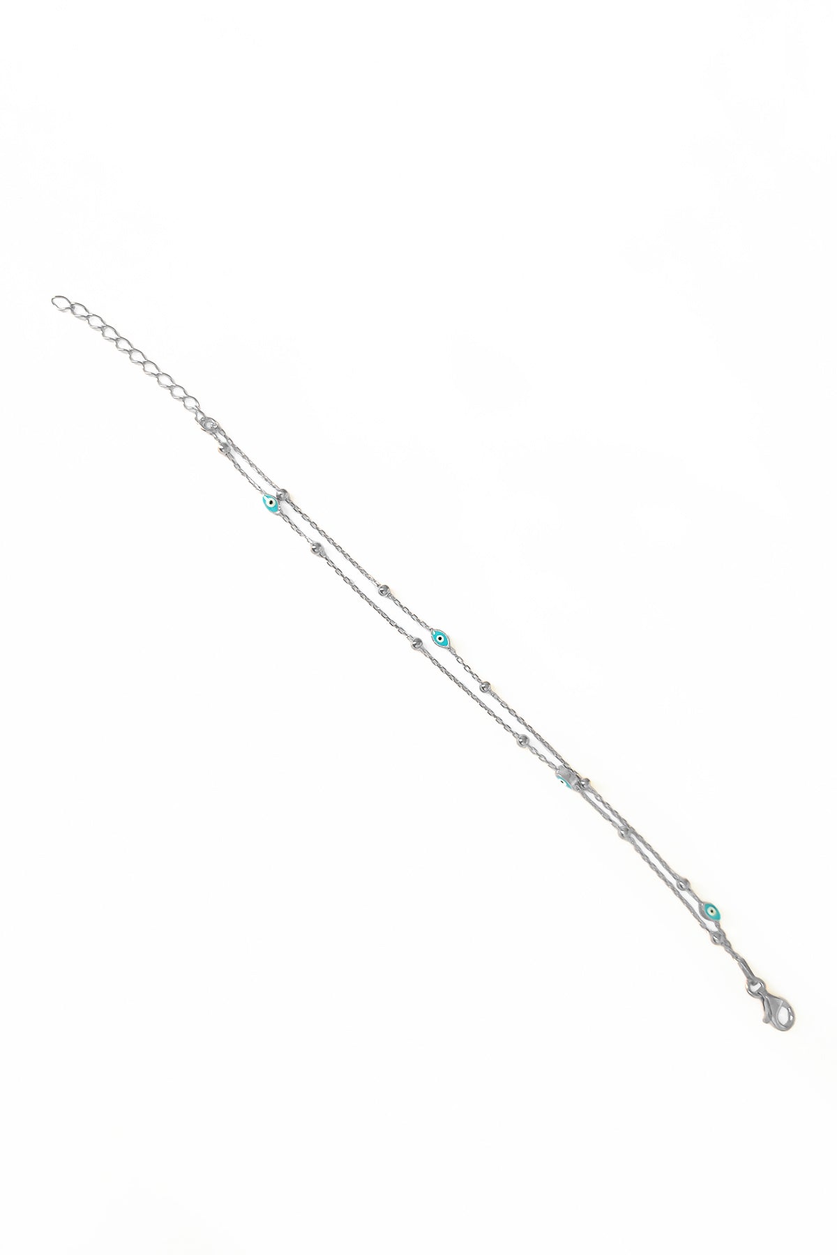Double Row Enamel Evil Eye Beads Silver Chain Bracelet