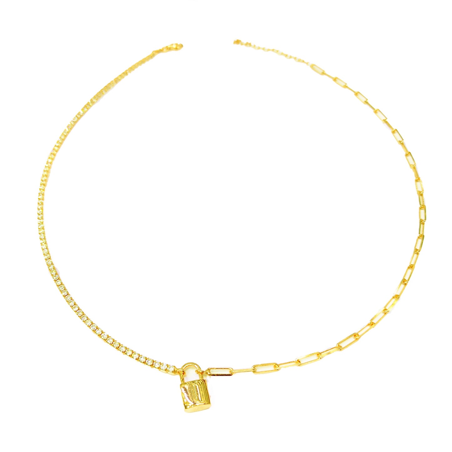 Half Tennis Half Italian Chain Lock Silver Choker Necklace