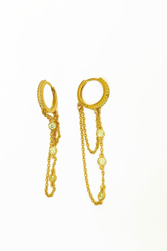 Three Stone Dangle Chain Silver Earring, Double Chain Hoop Hinged Earrings