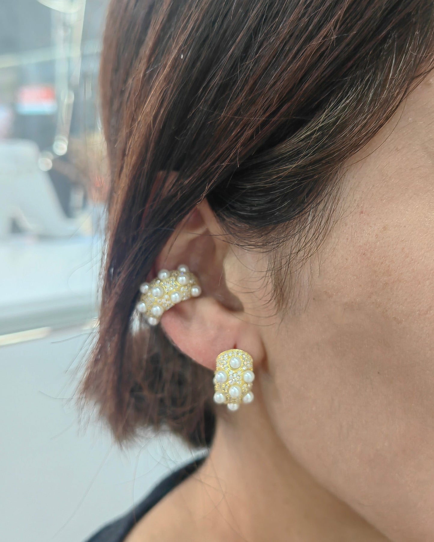 Elegant Pearl Thick Silver Hoop Earrings • Pearl Hoop Earrings
