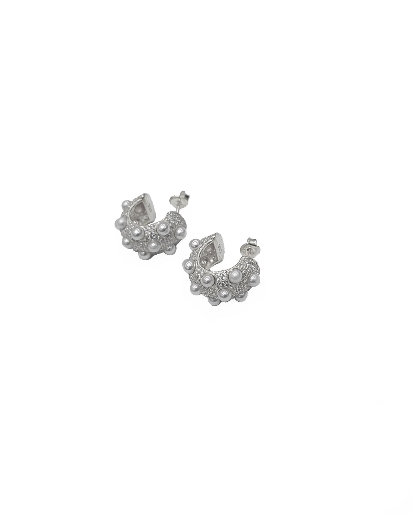 Elegant Pearl Thick Silver Hoop Earrings • Pearl Hoop Earrings