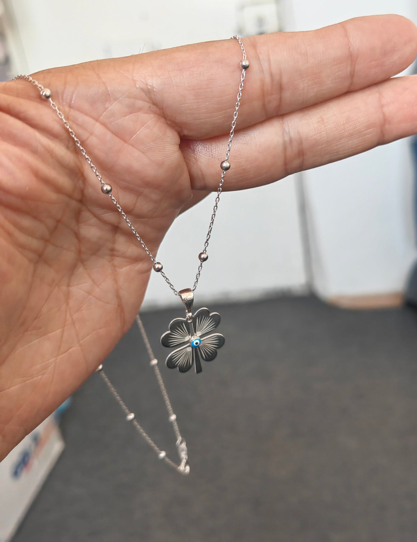 Evil Eye Beads Big Four Leaf Clover Sterling Silver Necklace, Four Leaf Clover Necklace