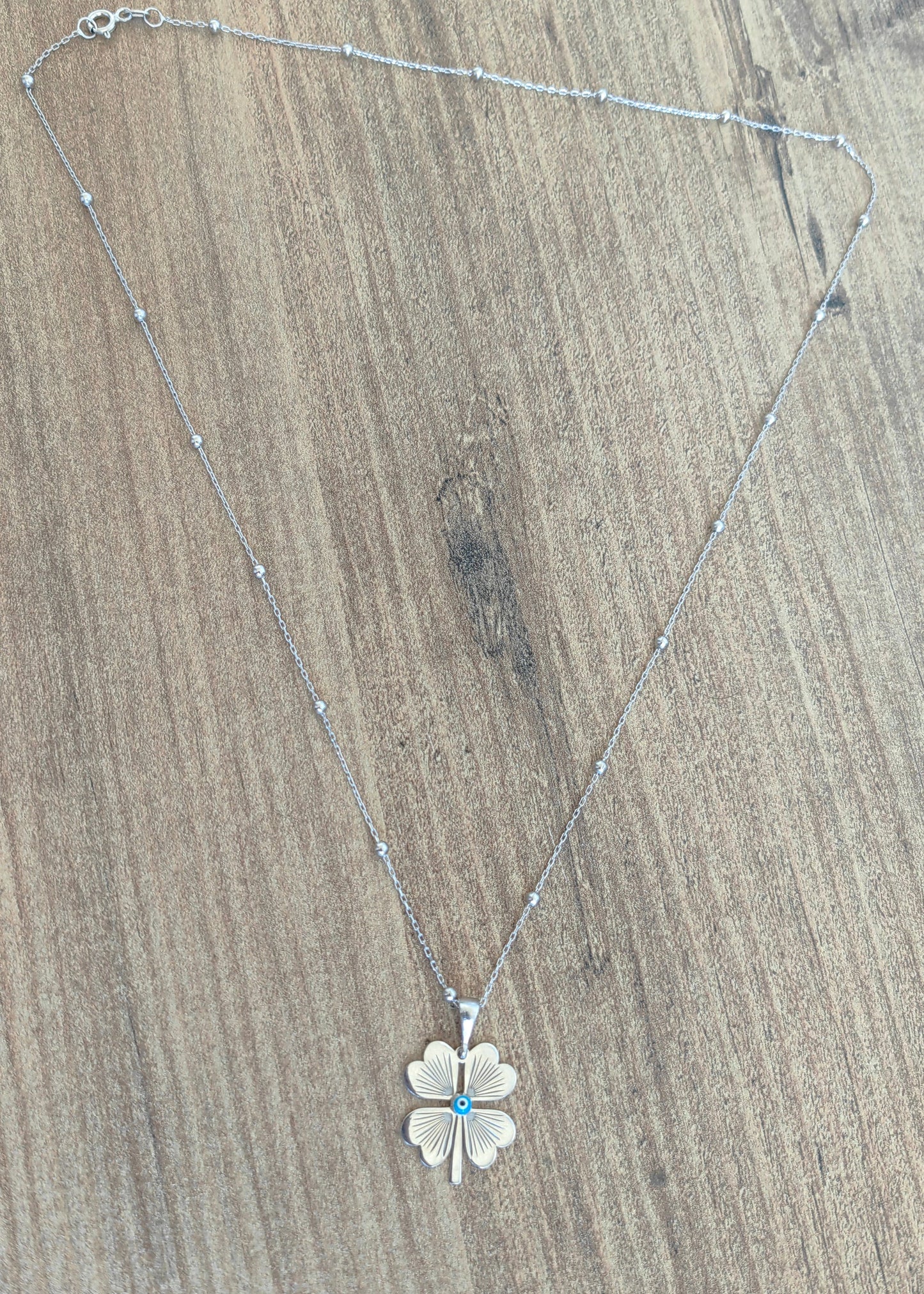 Evil Eye Beads Big Four Leaf Clover Sterling Silver Necklace, Four Leaf Clover Necklace