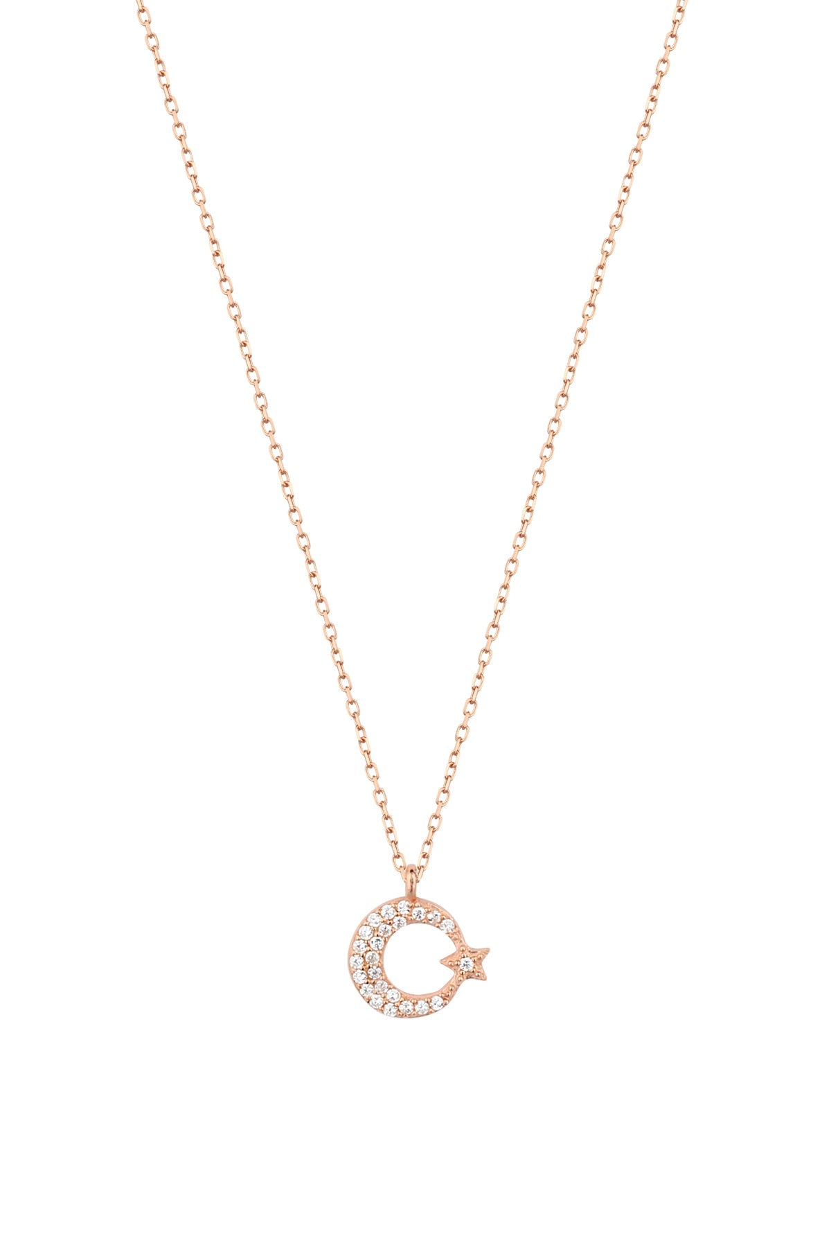 Small Moon and Star Silver Necklace with White Stone