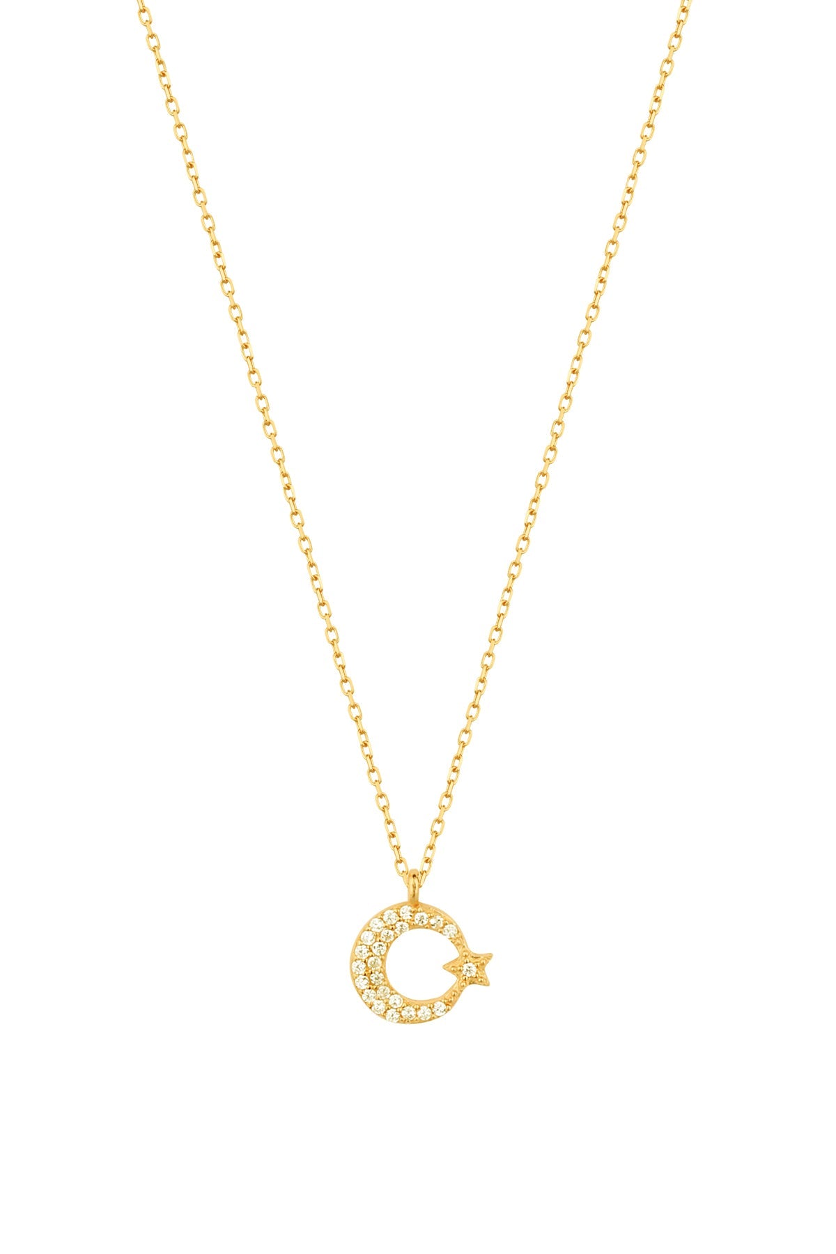 Small Moon and Star Silver Necklace with White Stone