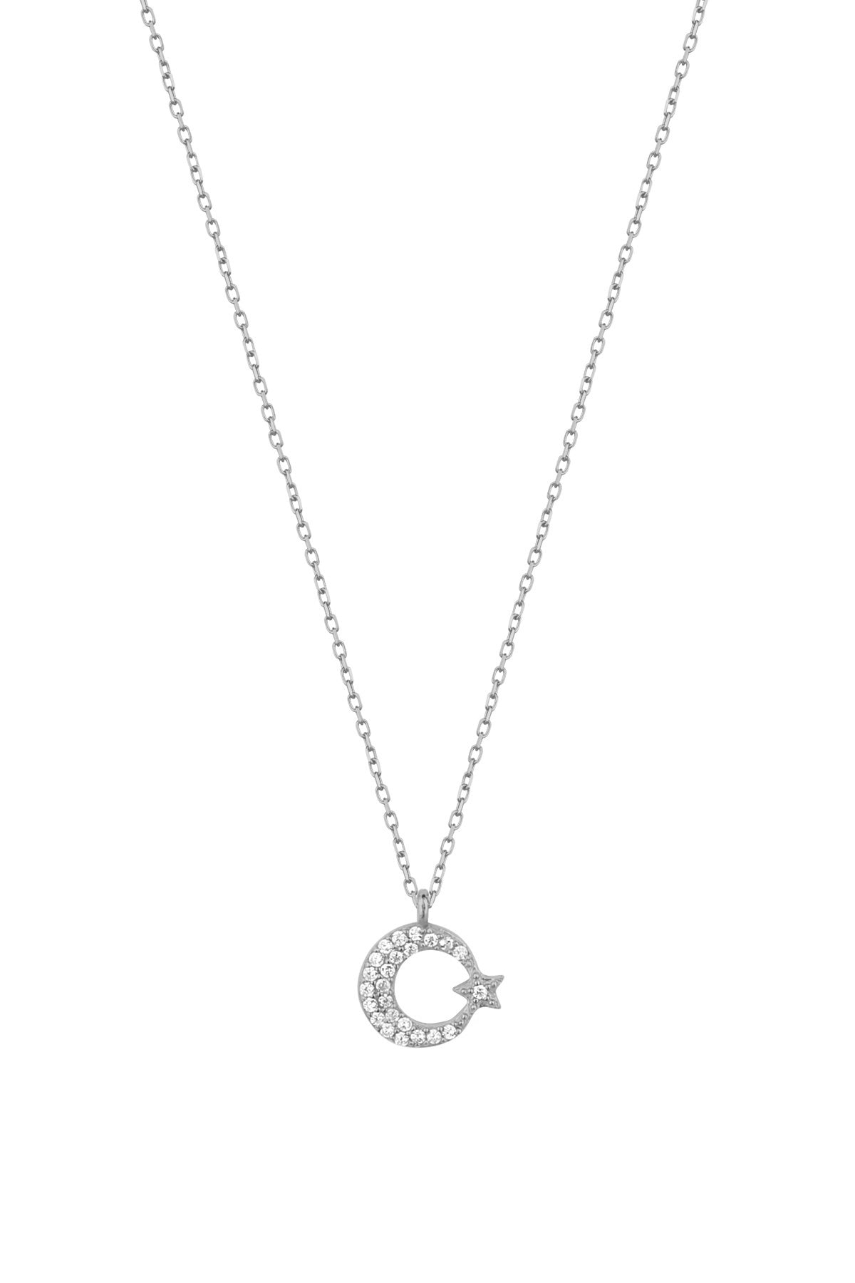 Small Moon and Star Silver Necklace with White Stone