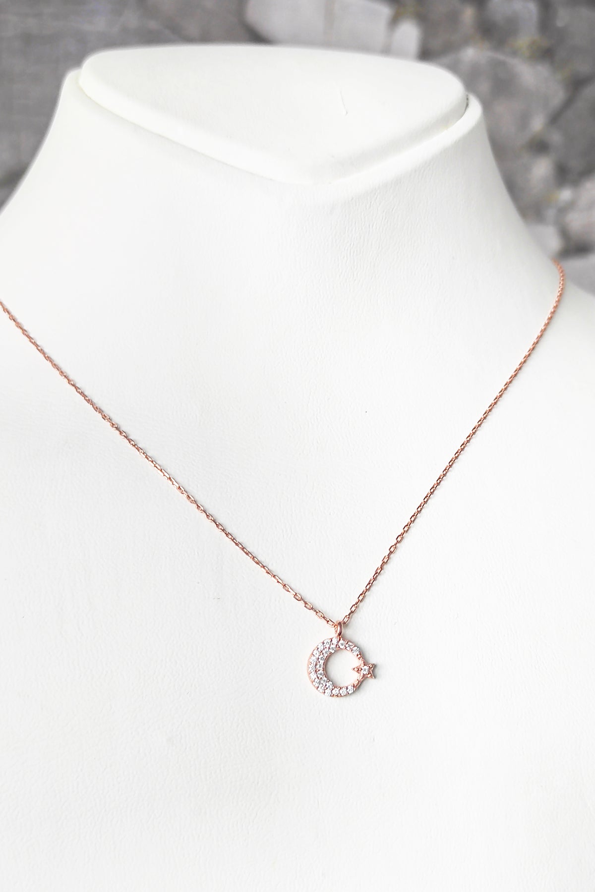 Small Moon and Star Silver Necklace with White Stone