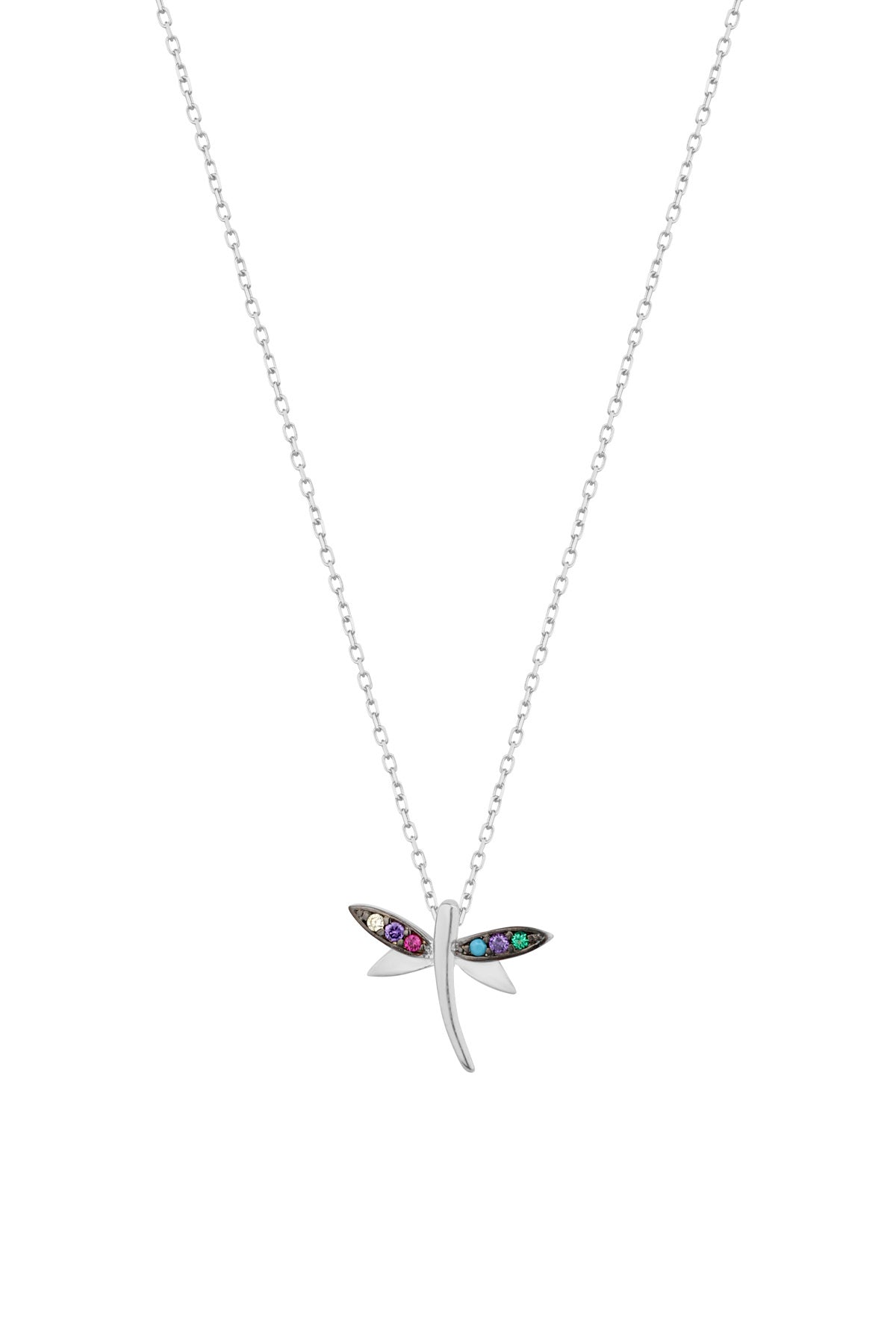 Colored Stone Dragonfly Silver Necklace