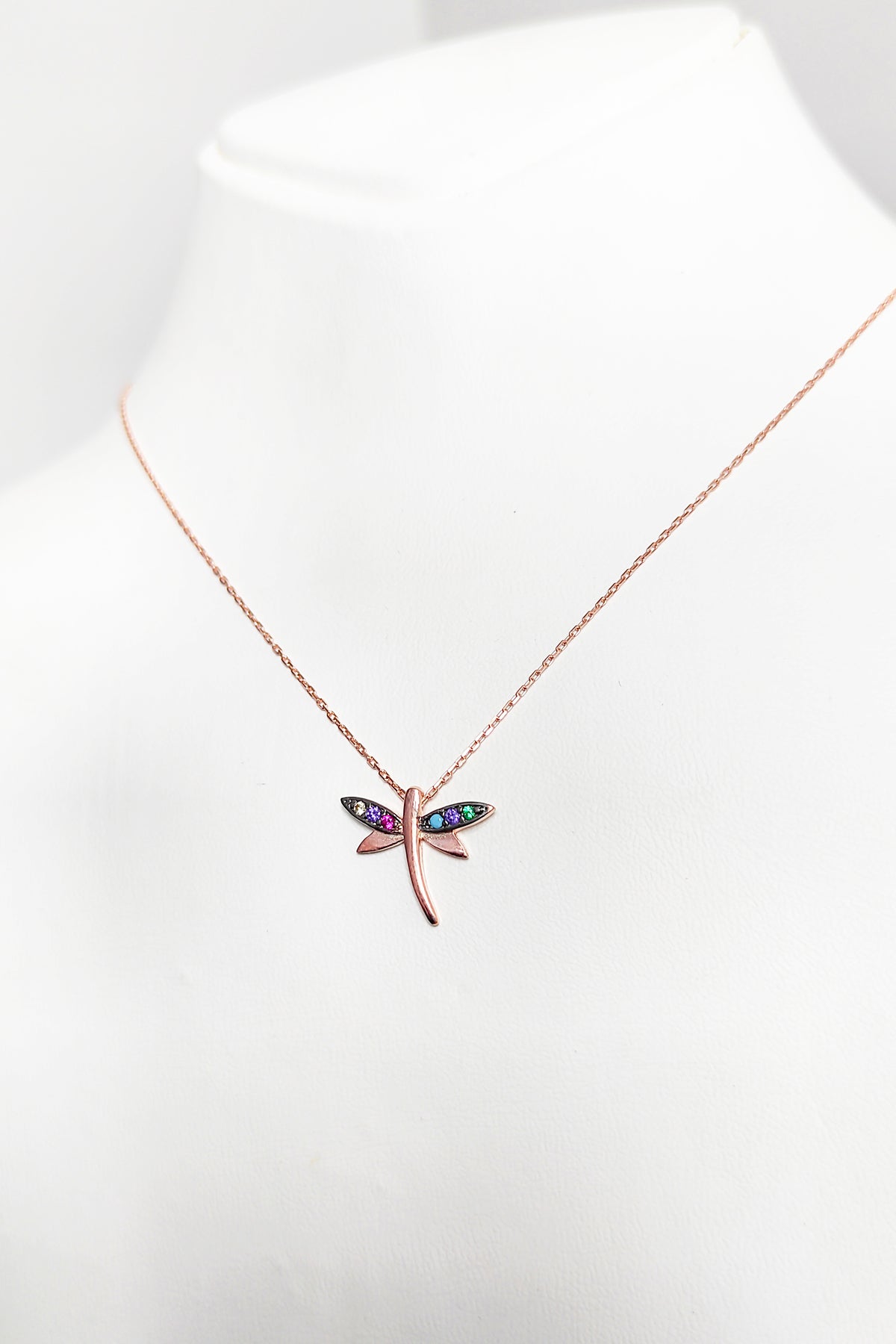 Colored Stone Dragonfly Silver Necklace