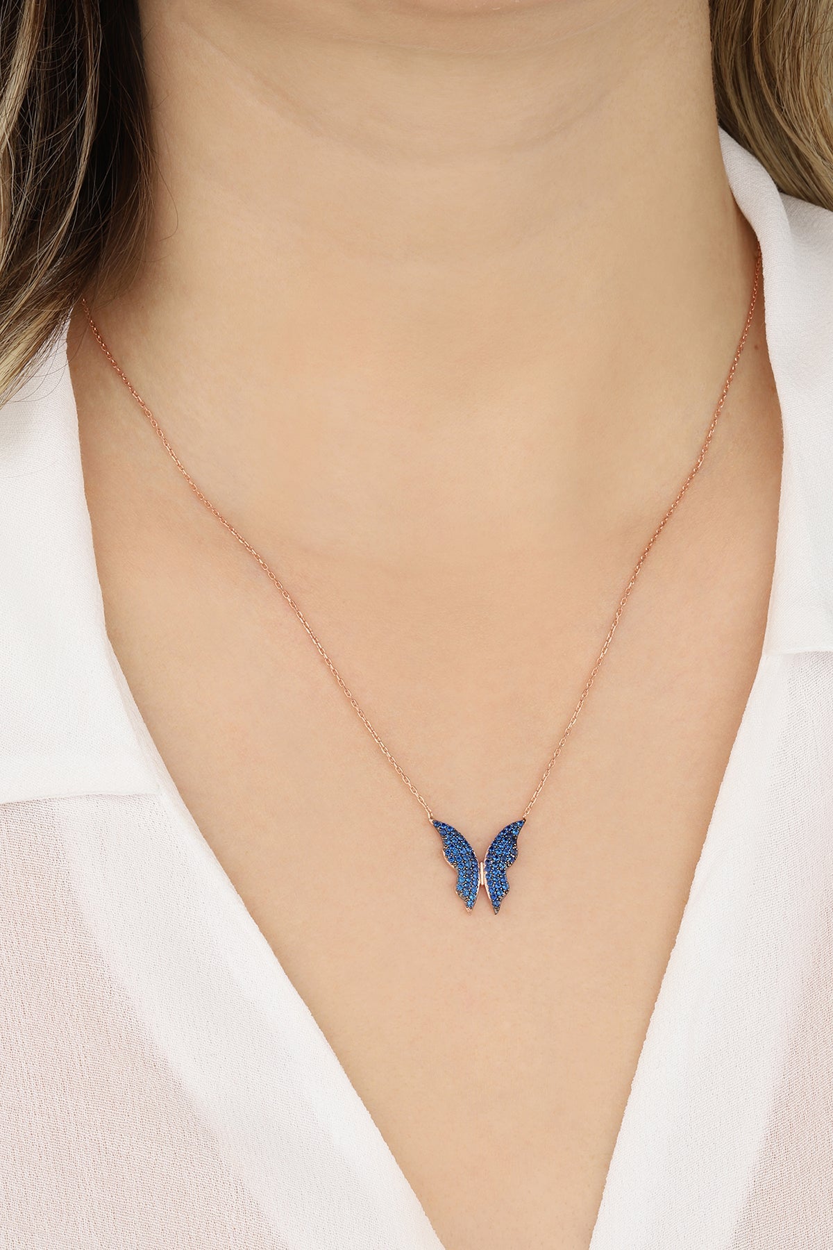 Navy Blue Stone Silver Butterfly Necklace