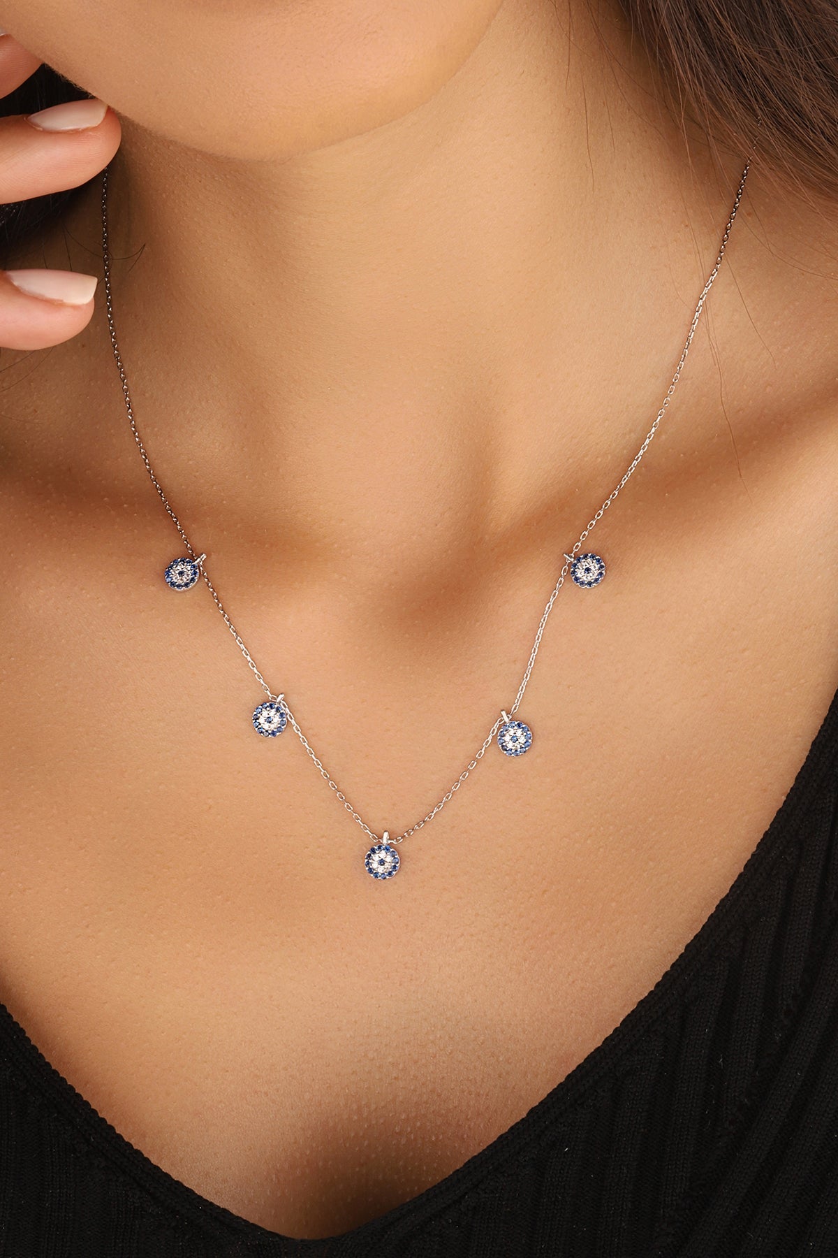 Dangle Evil Eye Bead Silver Chain Necklace