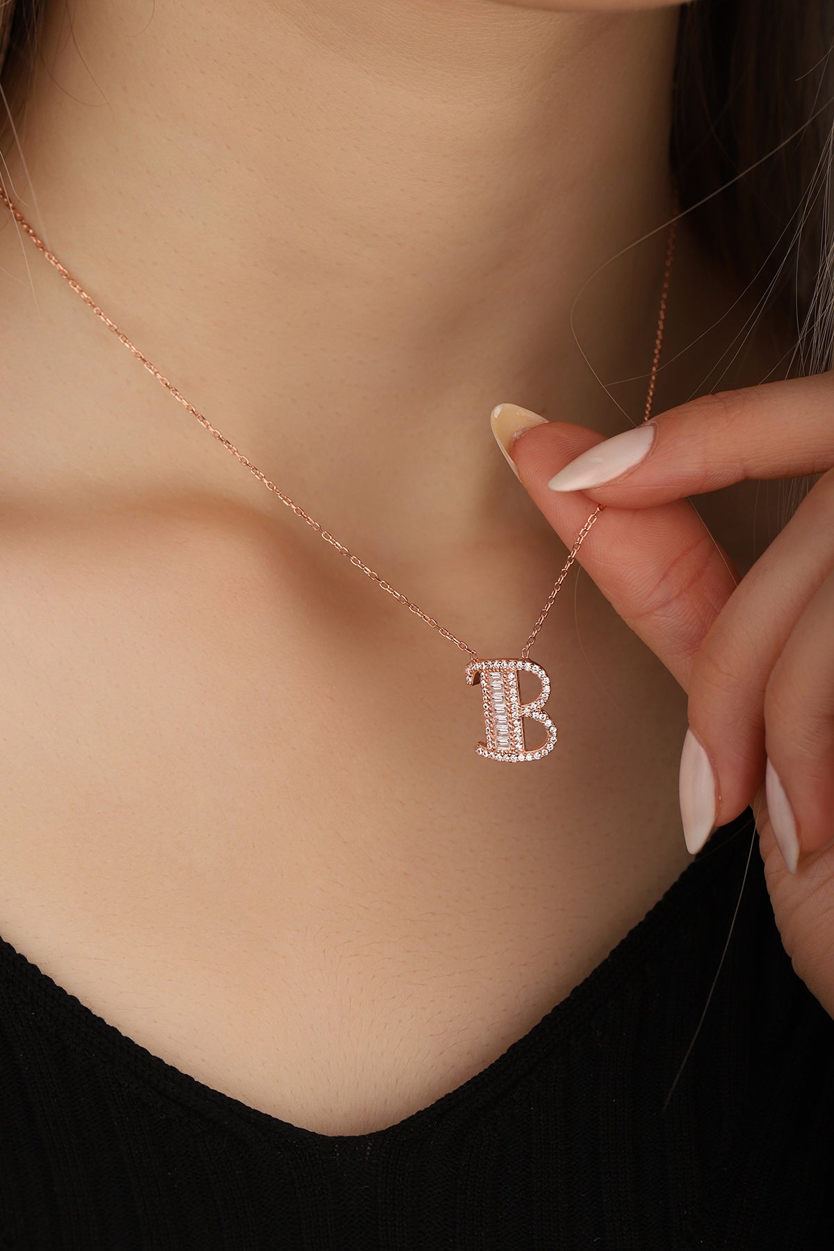 Baguette Stone Diamond Model 925 Silver Letter Necklace, Diamond Initial Necklace