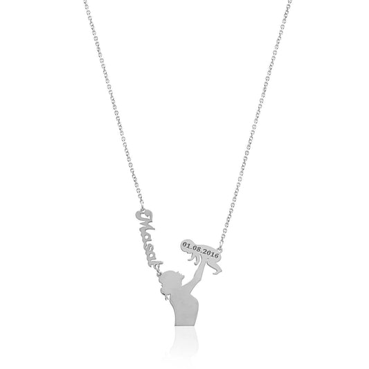 Sterling Silver Necklace with Mother's Name and Date for Newborn Baby