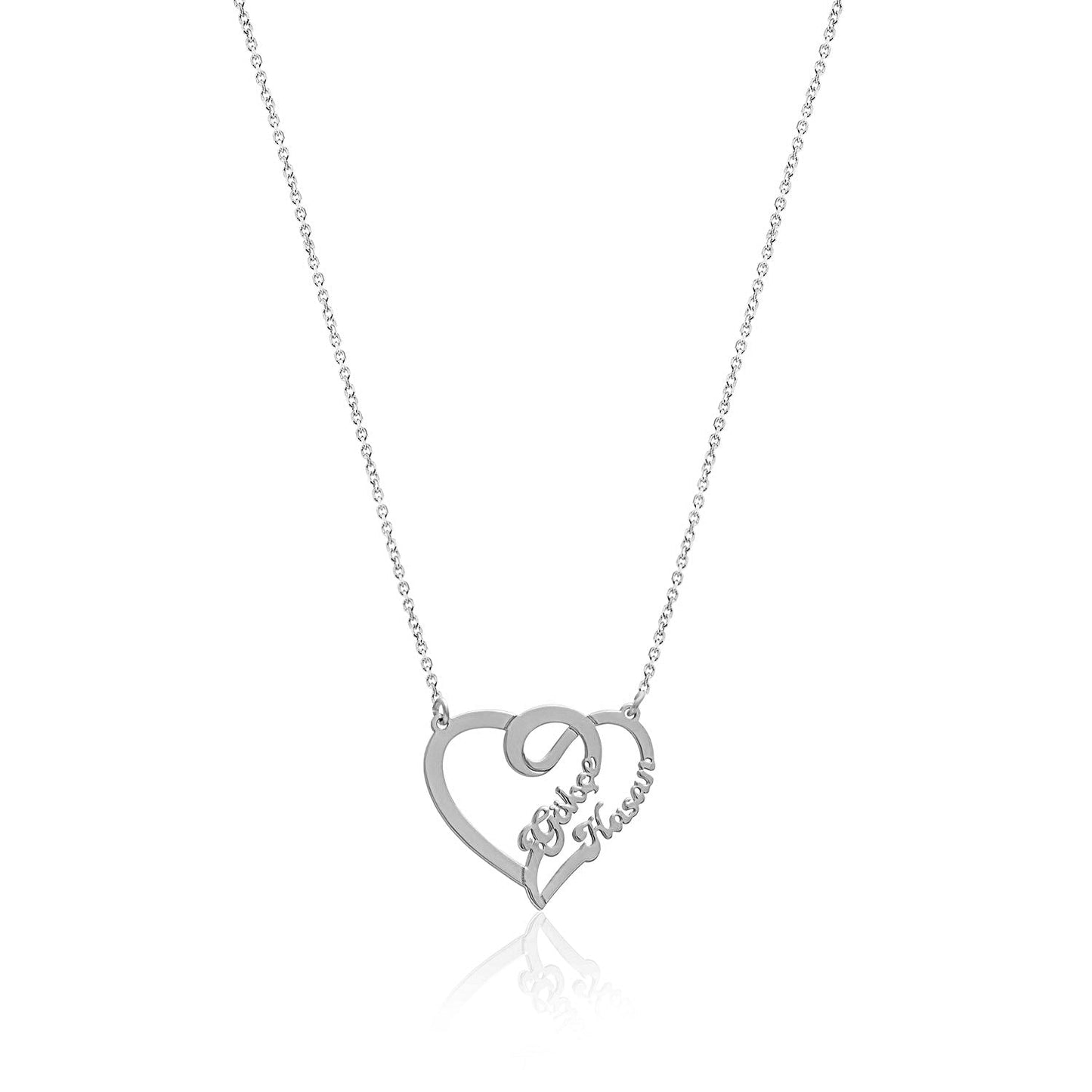 Valentine's Gift Name Silver Necklace on Intertwined Hearts