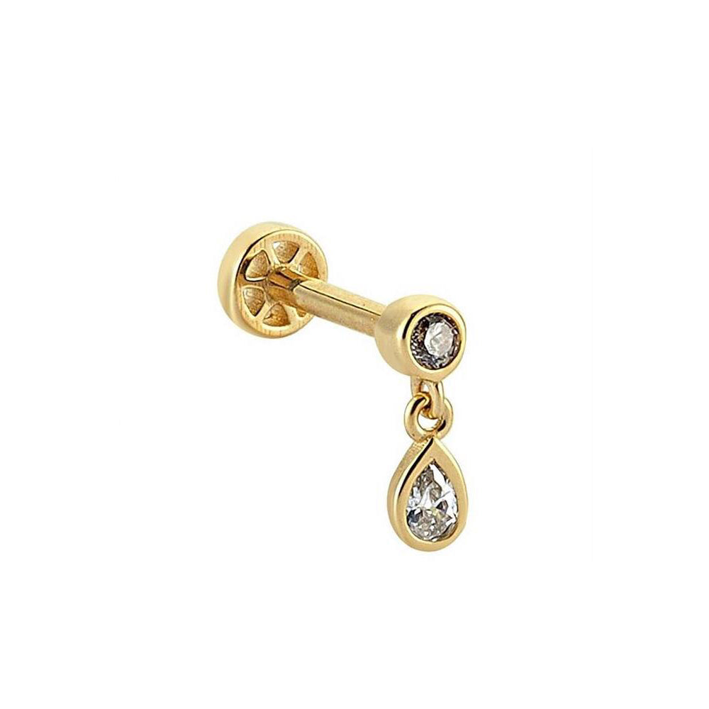 14K Gold Tragus Piercing With Dangle Drop Stone
