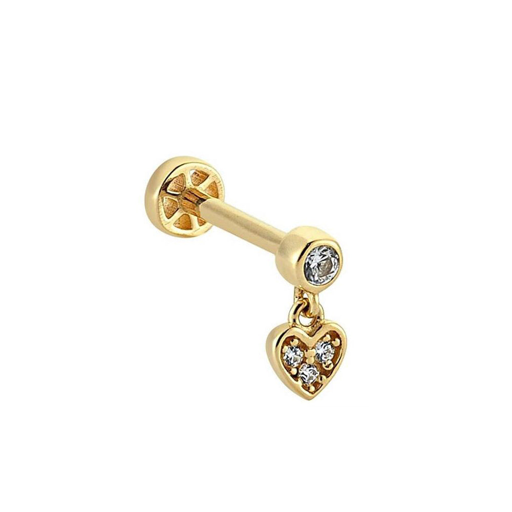 14K Gold Tragus Piercing With Dangle Heart Stone