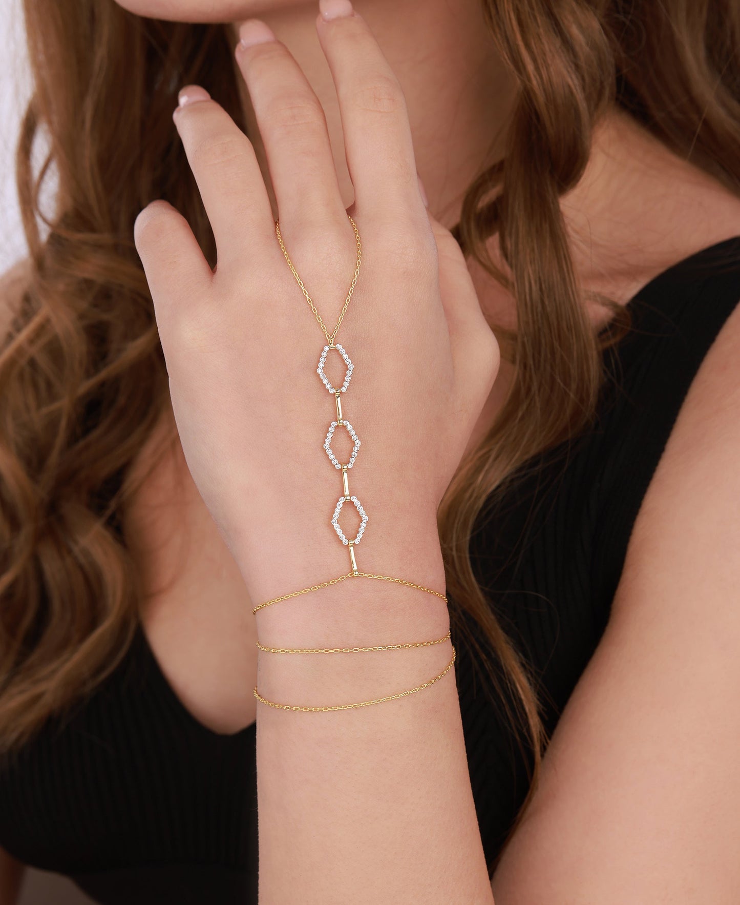 Row Hexagon Model Silver Hand Bracelet for Women