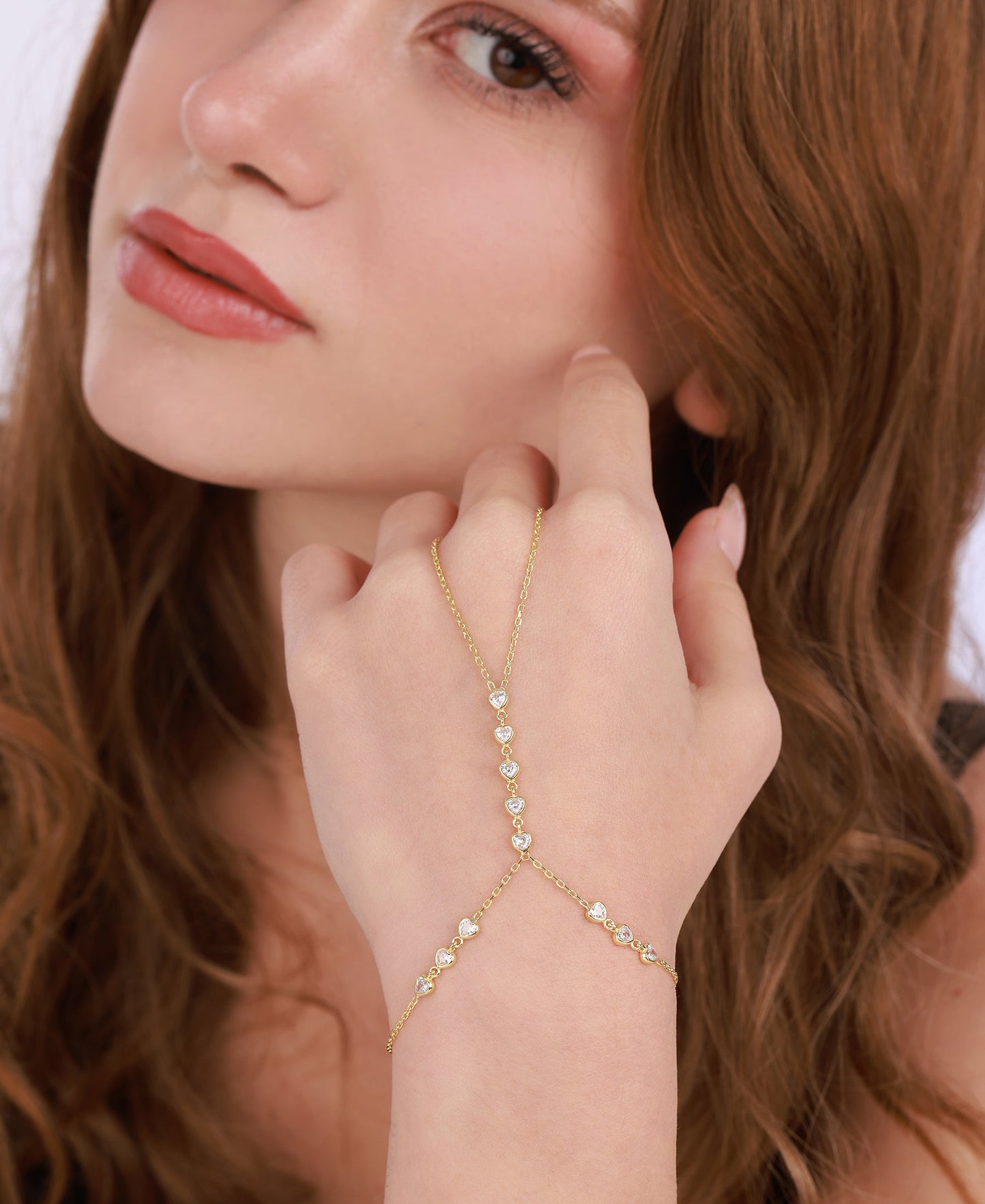 Finger Chain Silver Slave Bracelet with White Stone Heart