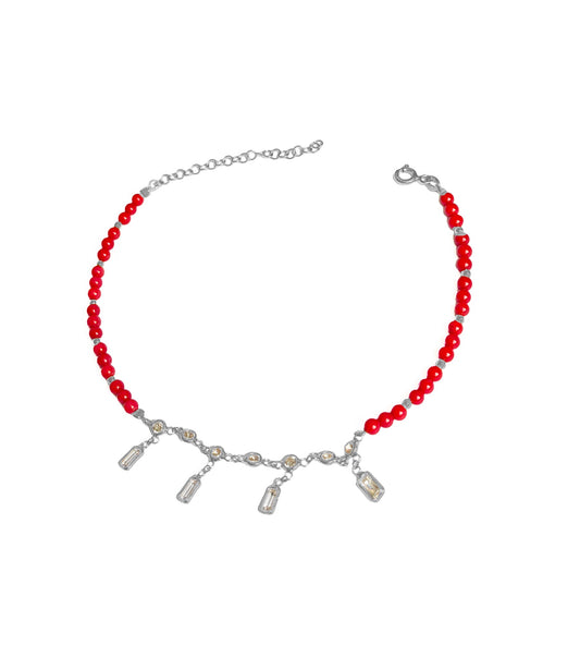 Coral Stone Dangle Silver Anklet