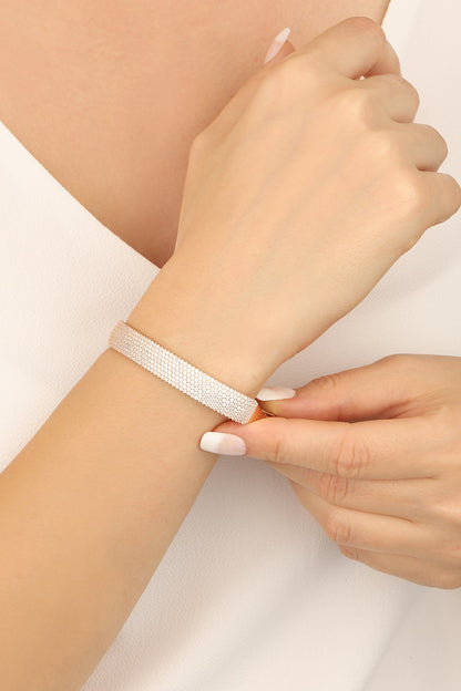Thick Silver Bracelet With White Stone