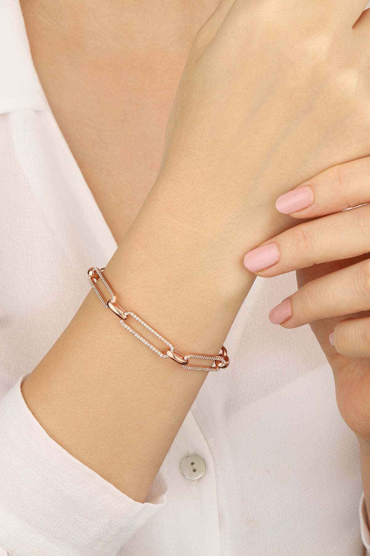 Chain link bracelet Gourmet unisex sterling silver bracelet 925 with white stone
