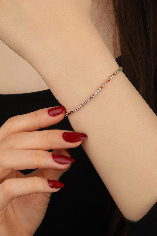1,5 mm Colorful Stone Tennis Silver Bracelet, Classic Tennis Bracelet Cubic Zirconia