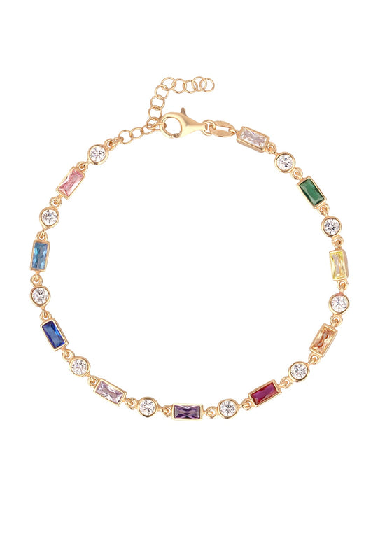 Colorful Stone Silver Chain Bracelet, Rainbow sapphire emerald ruby multi gem tennis bracelet chain