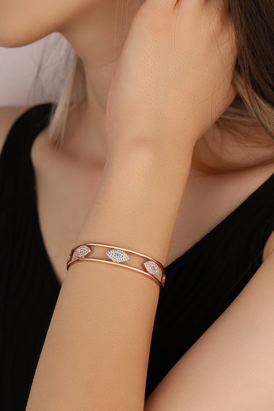 Evil Eye Stone Silver Cuff Bracelet