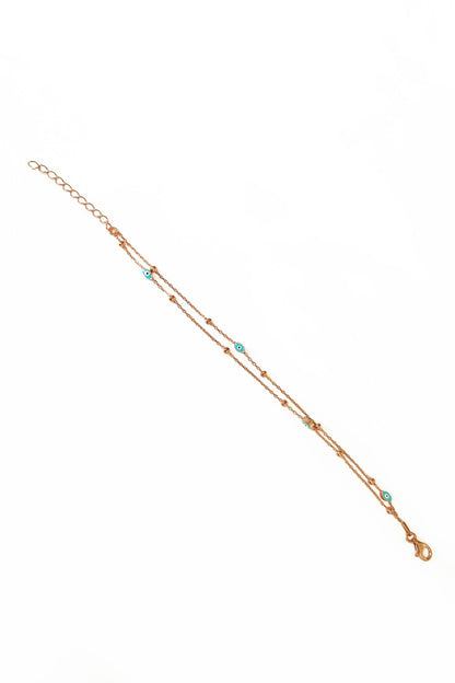 Double Row Enamel Evil Eye Beads Silver Chain Bracelet