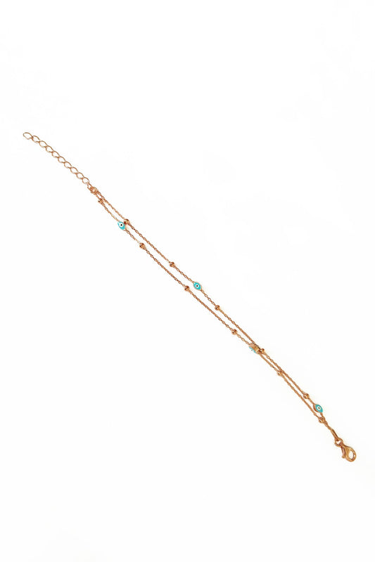 Double Row Enamel Evil Eye Beads Silver Chain Bracelet