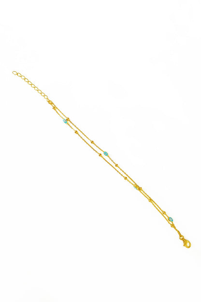 Double Row Enamel Evil Eye Beads Silver Chain Bracelet