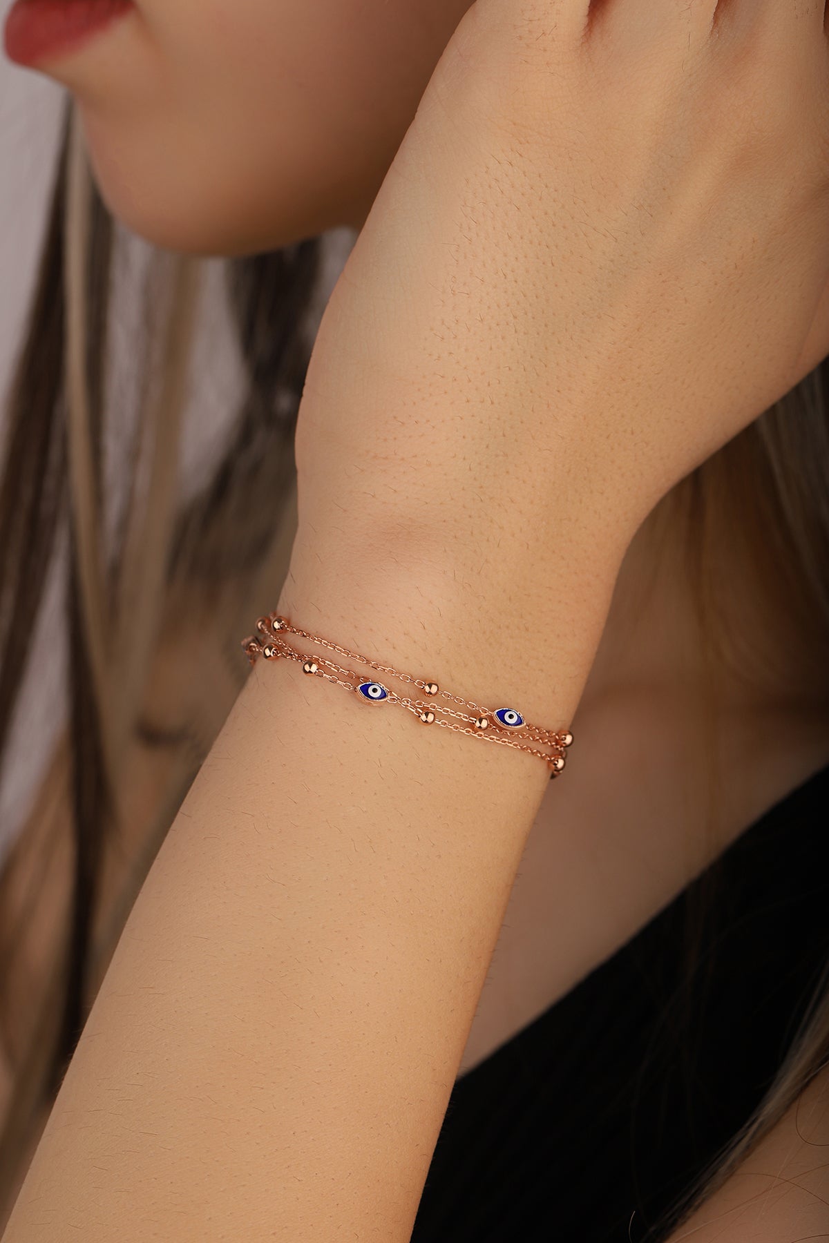 Triple Enamel Evil Eye Beaded Silver Chain Bracelet