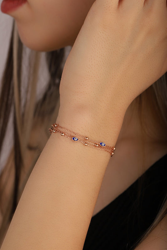 Triple Enamel Evil Eye Beaded Silver Chain Bracelet
