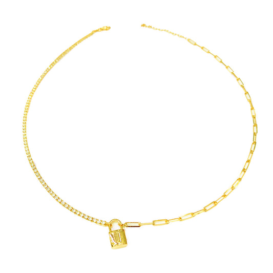 Half Tennis Half Italian Chain Lock Silver Choker Necklace