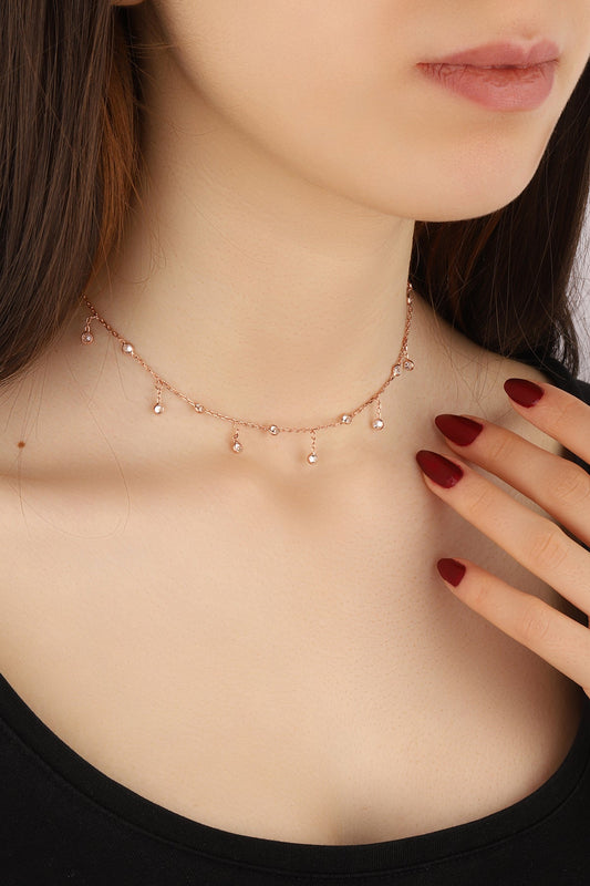 Dainty Elegant Stone style Cubic zirconia Pendent Silver Choker Necklace