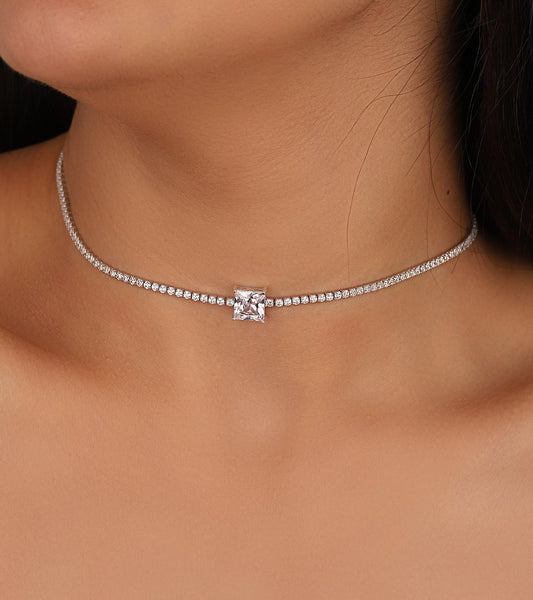 Square Stone 2 mm Tennis Chain Sterling Silver Necklace, Tennis Choker