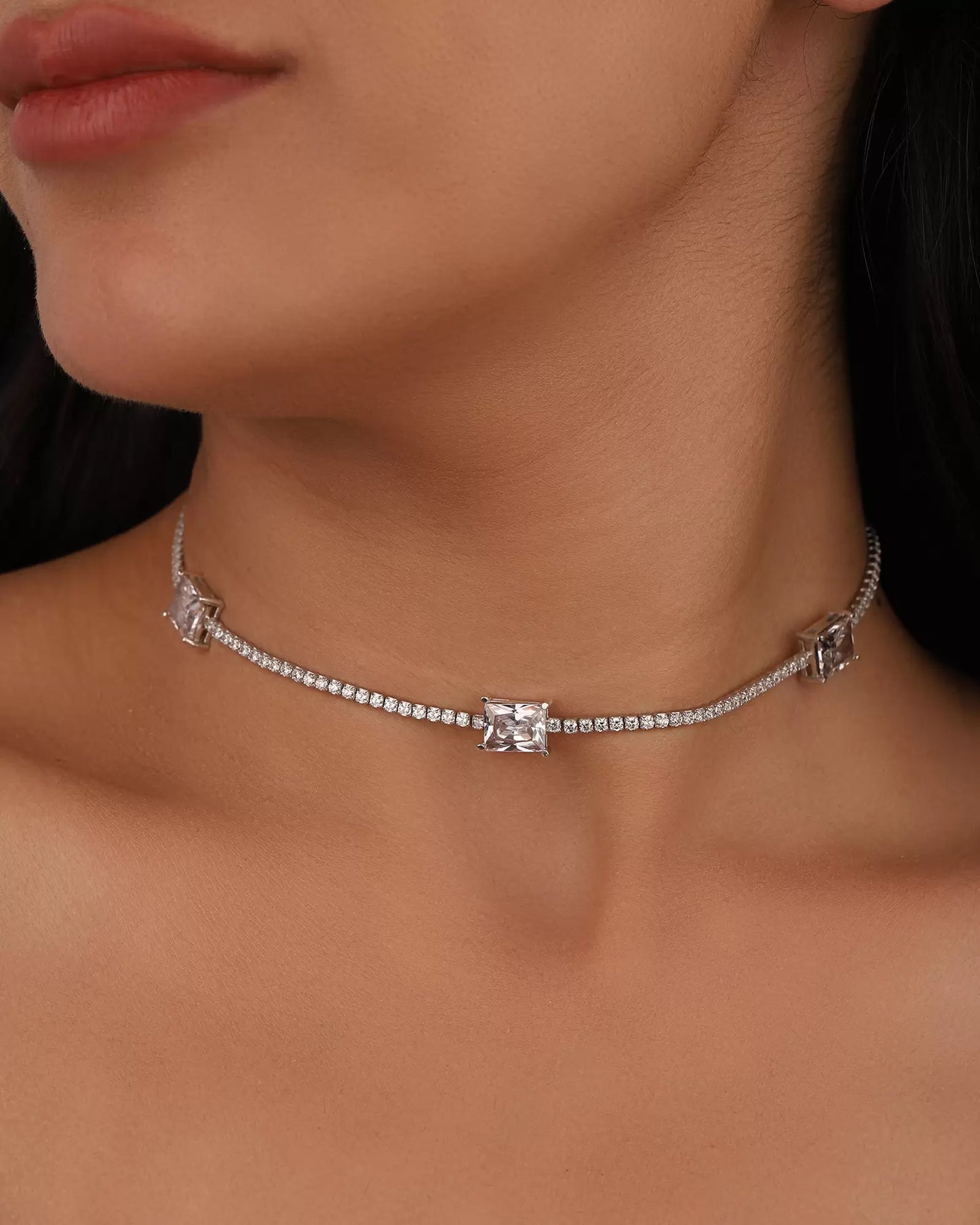 3 Rectangle Stone Tennis Chain Sterling Silver Necklace