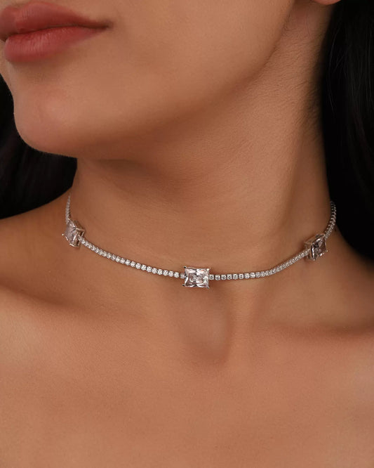 3 Rectangle Stone Tennis Chain Sterling Silver Necklace