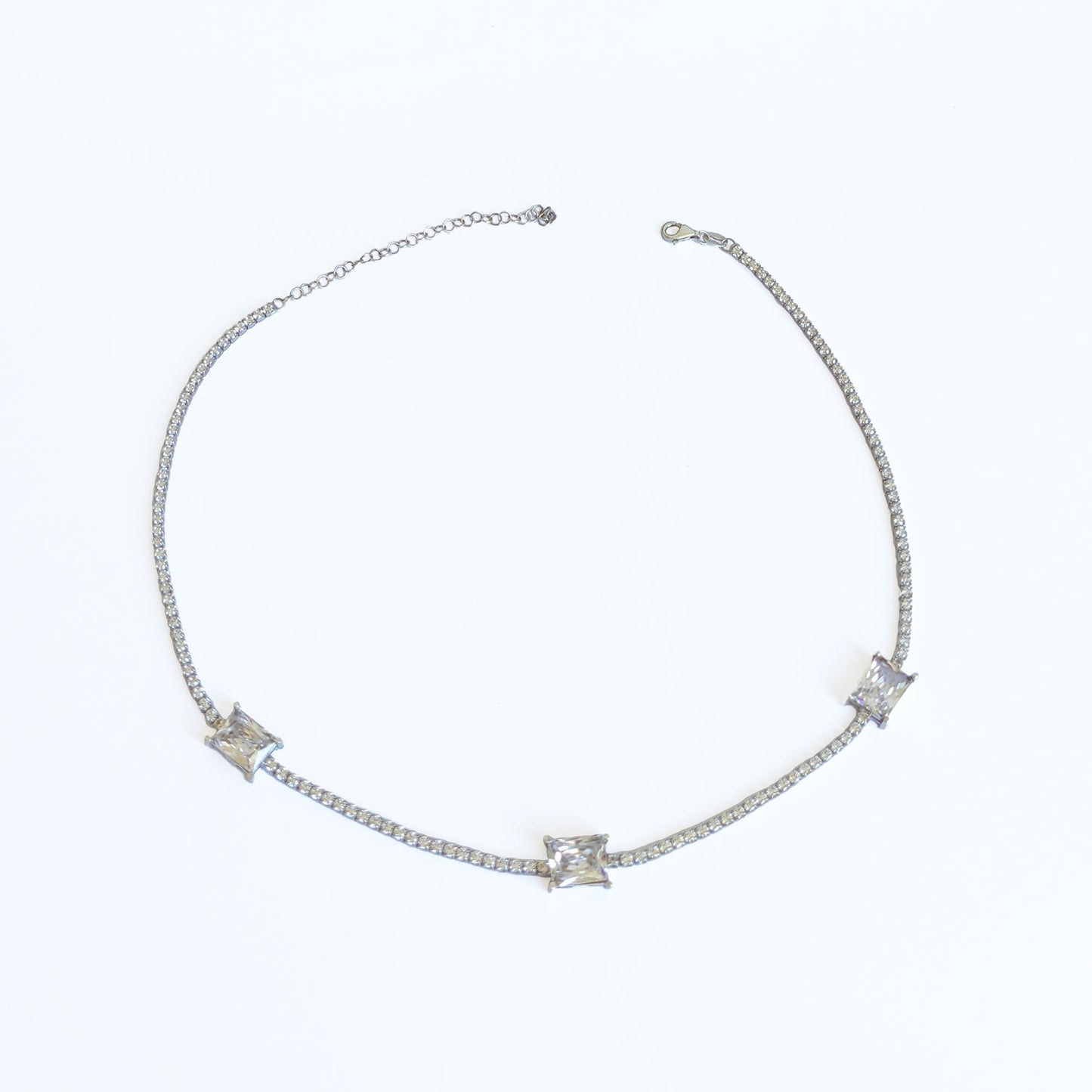 3 Rectangle Stone Tennis Chain Sterling Silver Necklace