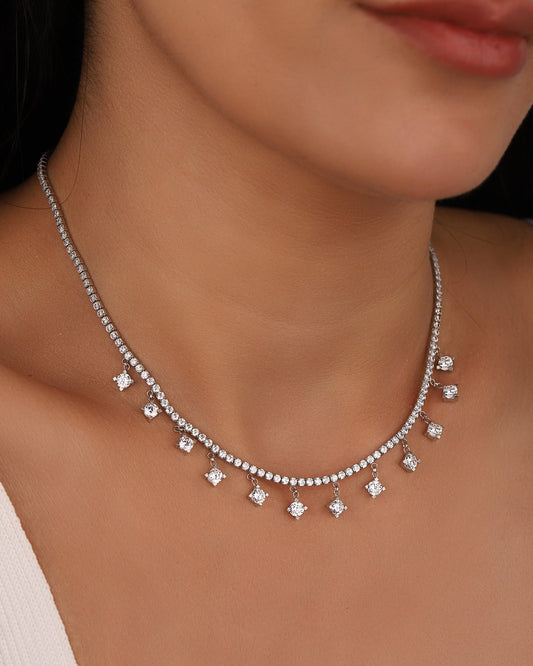 Pendent Round Stone 2 mm Tennis Chain Sterling Silver Necklace