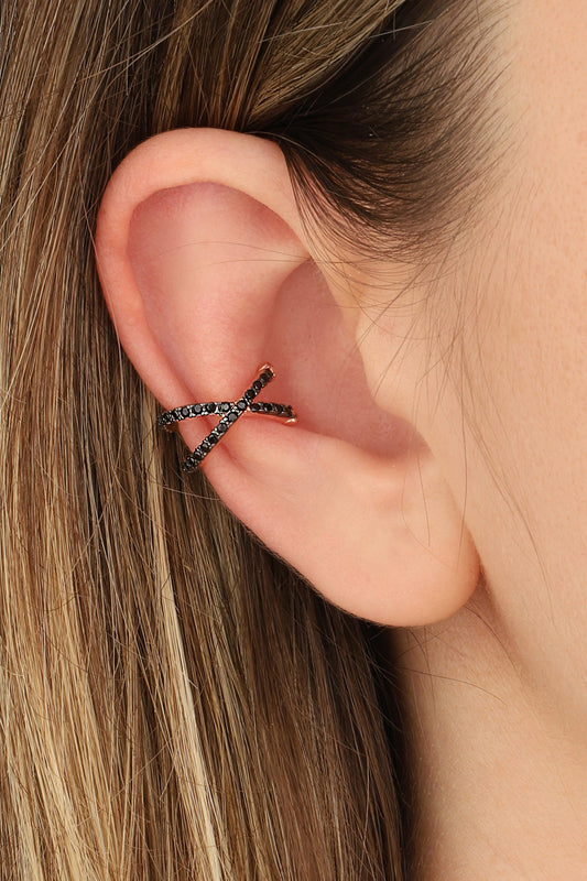Black Stone Cross Silver Cartilage Earrings