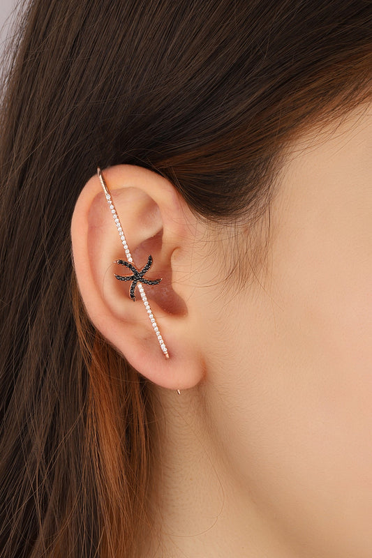 Black Stone Gilded Earring Full Silver Cartilage Earcuff
