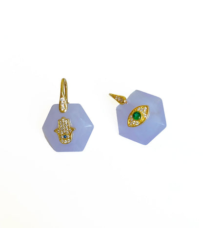 Crystal Purple Stone Silver Hand and Eye Earrings