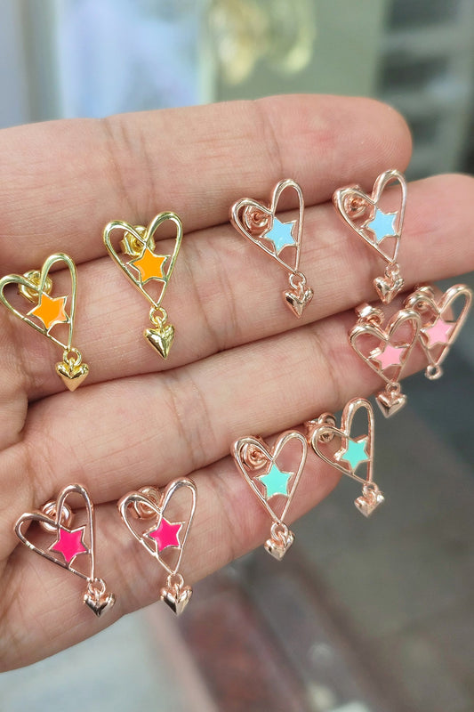 Enamel Starry Swinging Heart Sterling Silver Earrings
