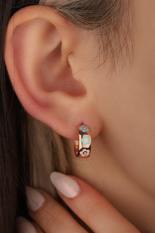 Flower Enamel Silver Hoop Earrings