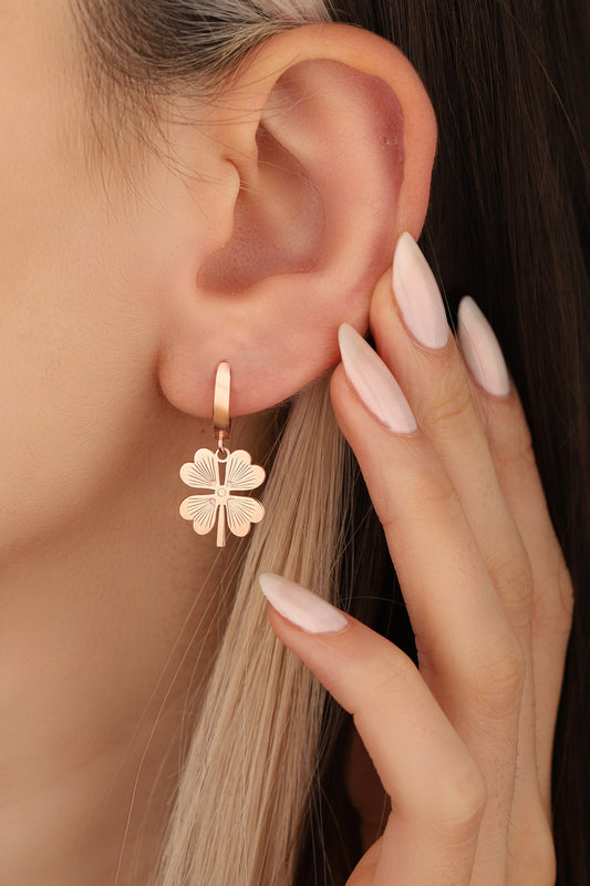 Four Leaf Clover Dangle Studless Silver Earrings