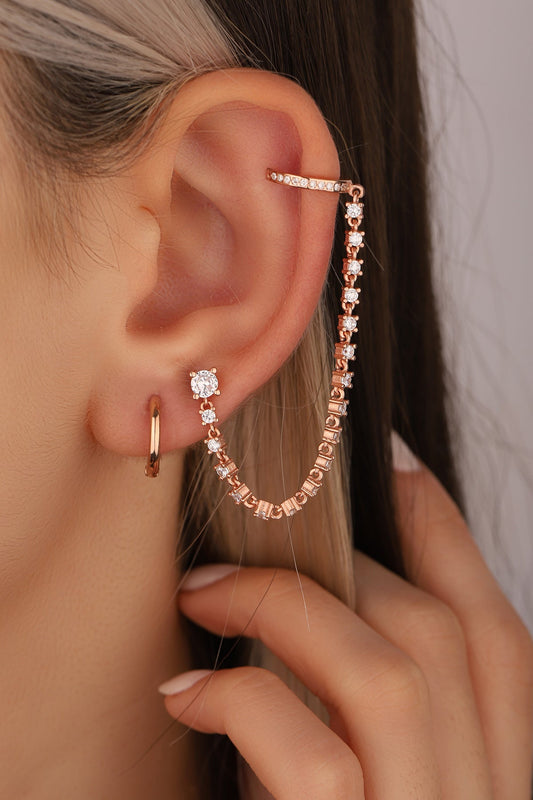 Chain Large Stone Dangle Silver Earrings