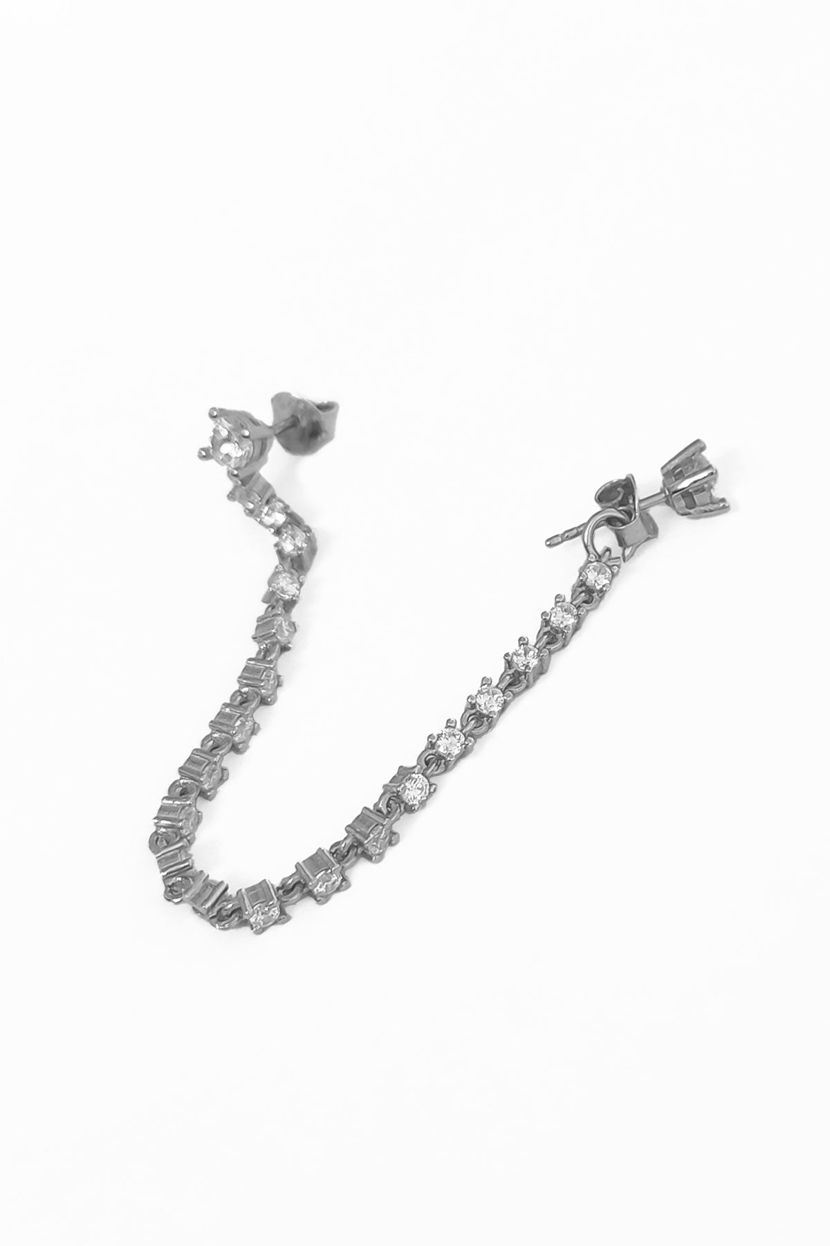 Single Stone Dangle Chain Silver Earrings